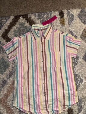 Times Two Striped Multicolor Short-Sleeve Button-Up Shirt - Maternity